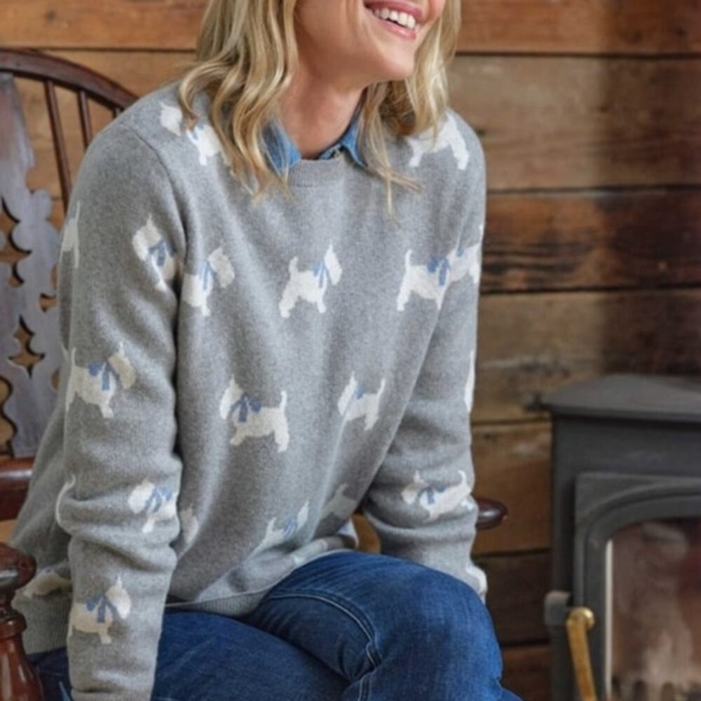 WoolOvers Scotty Dog Print Pullover Crew Neck Wool Cotton Machine Washable